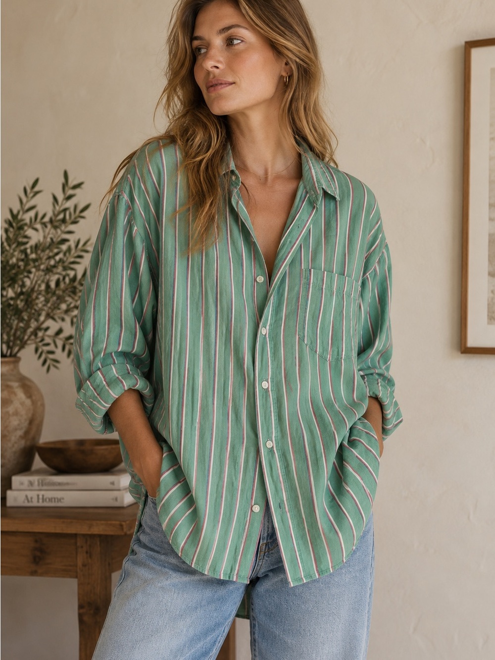 Frank & Eileen Shirley Relaxed Green Stripe Button-Down Shirt Large